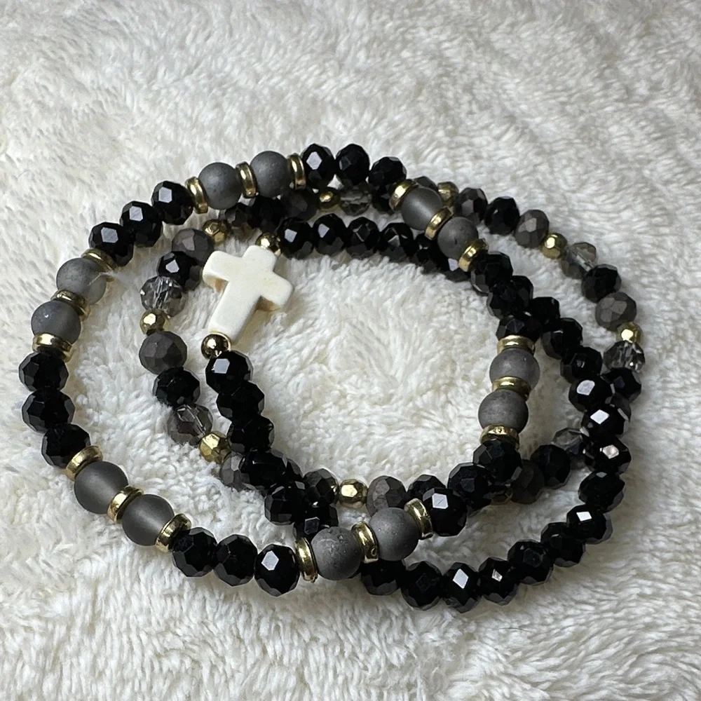Beaded Bracelet Set of 3 w/Cross Charm on Black & Mirrored Grey & Gold Tone NWOT